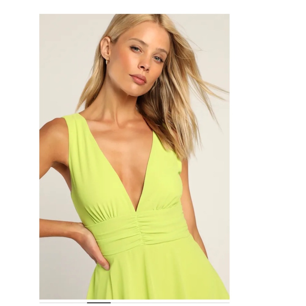 Lulu's Neon Lime Tiered V-Neck Prom Dress - Picture 4 of 16